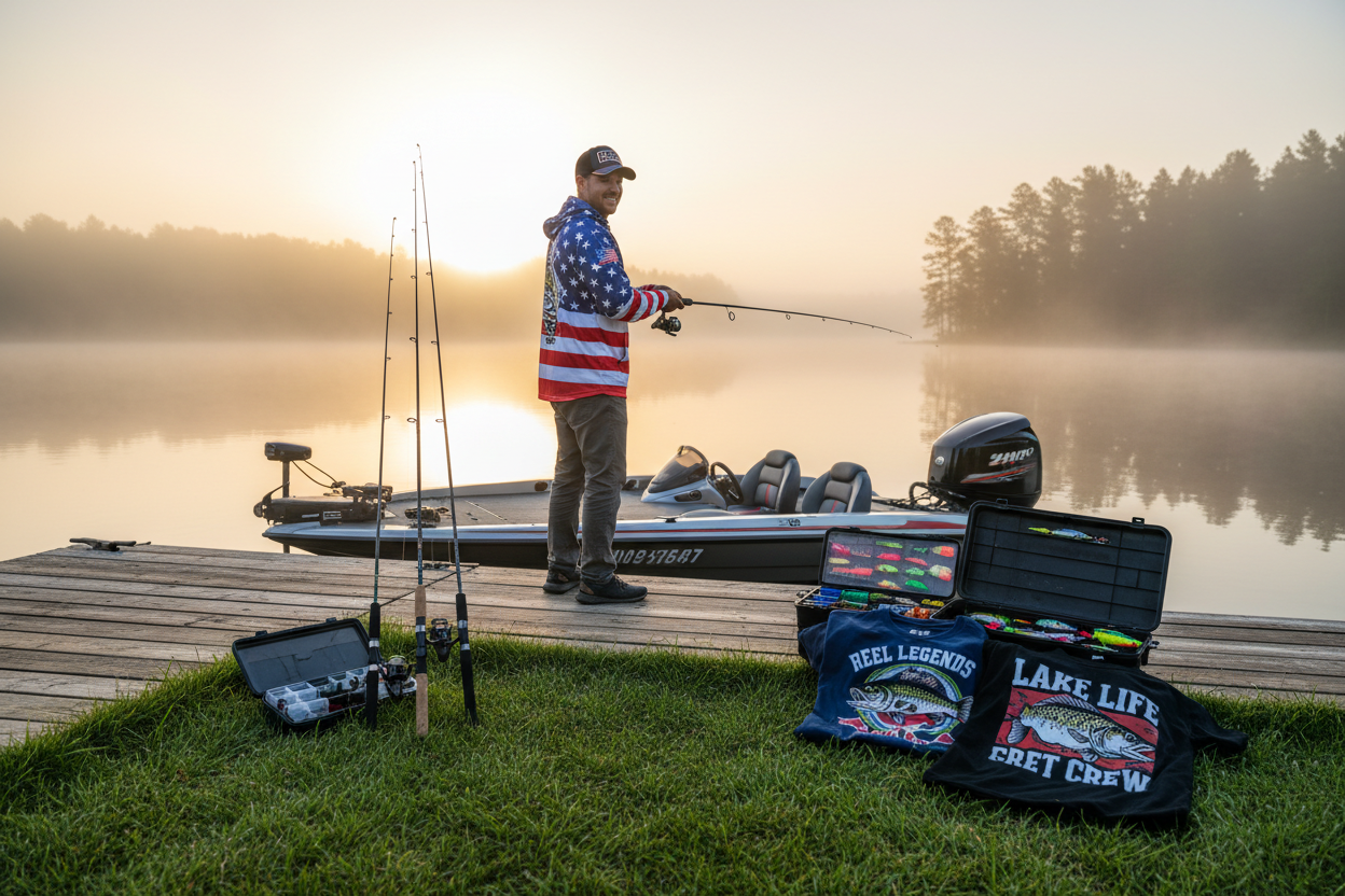 A high-quality wide-angle banner for an American fishing e-commerce store. A professional angler standing on a bass boat at sunrise on a misty US lake. He is wearing a custom performance fishing hoodie and a trucker hat. In the foreground, organized fishing gear including carbon fiber rods, tackle boxes, and stylized printed t-shirts are displayed naturally. Cinematic lighting, photorealistic, 8k resolution, outdoor adventure vibe.